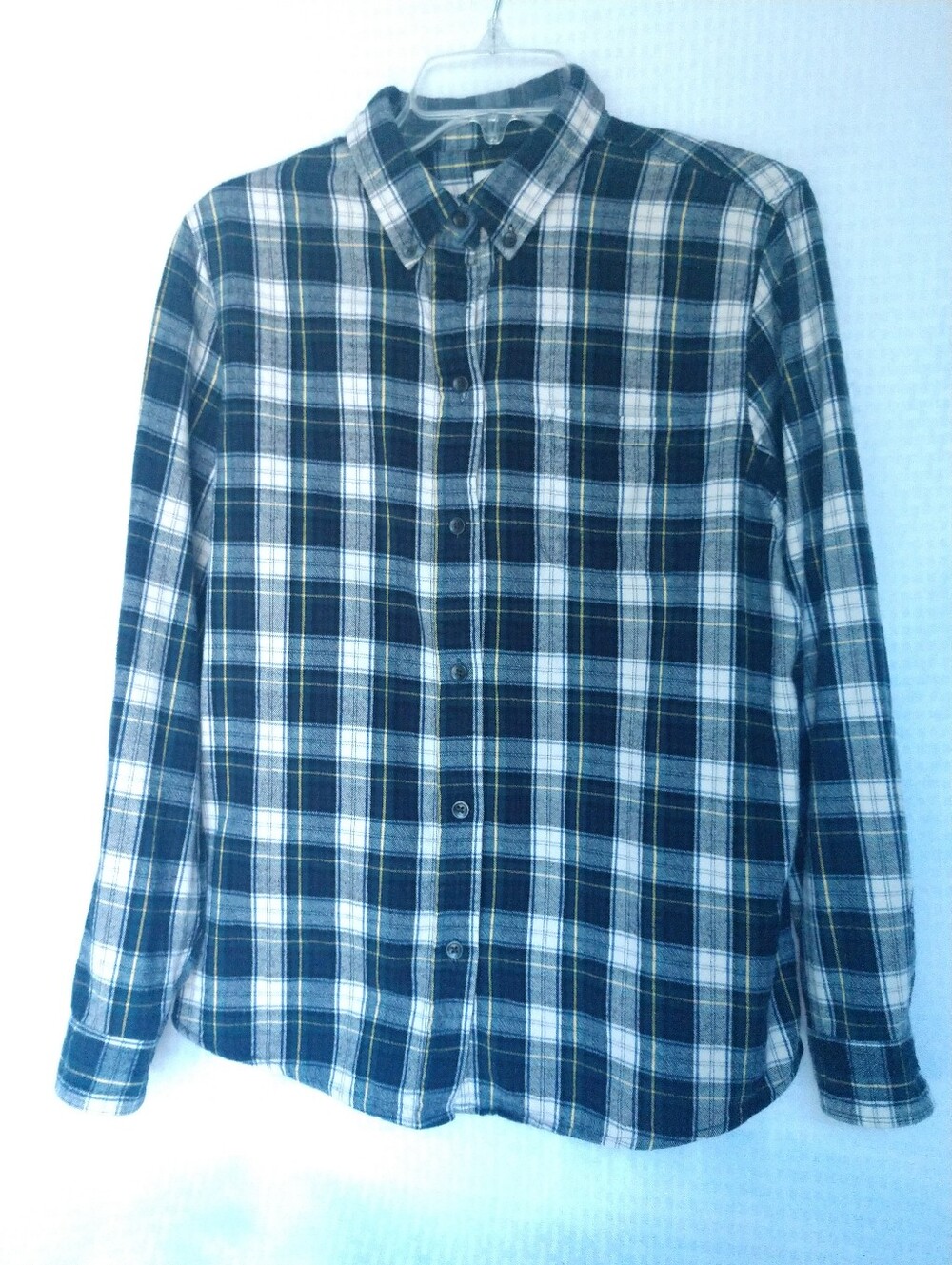 Women's Flannel Shirt LL BEAN Blue Green Yellow Plaid Size Medium Chest 40"